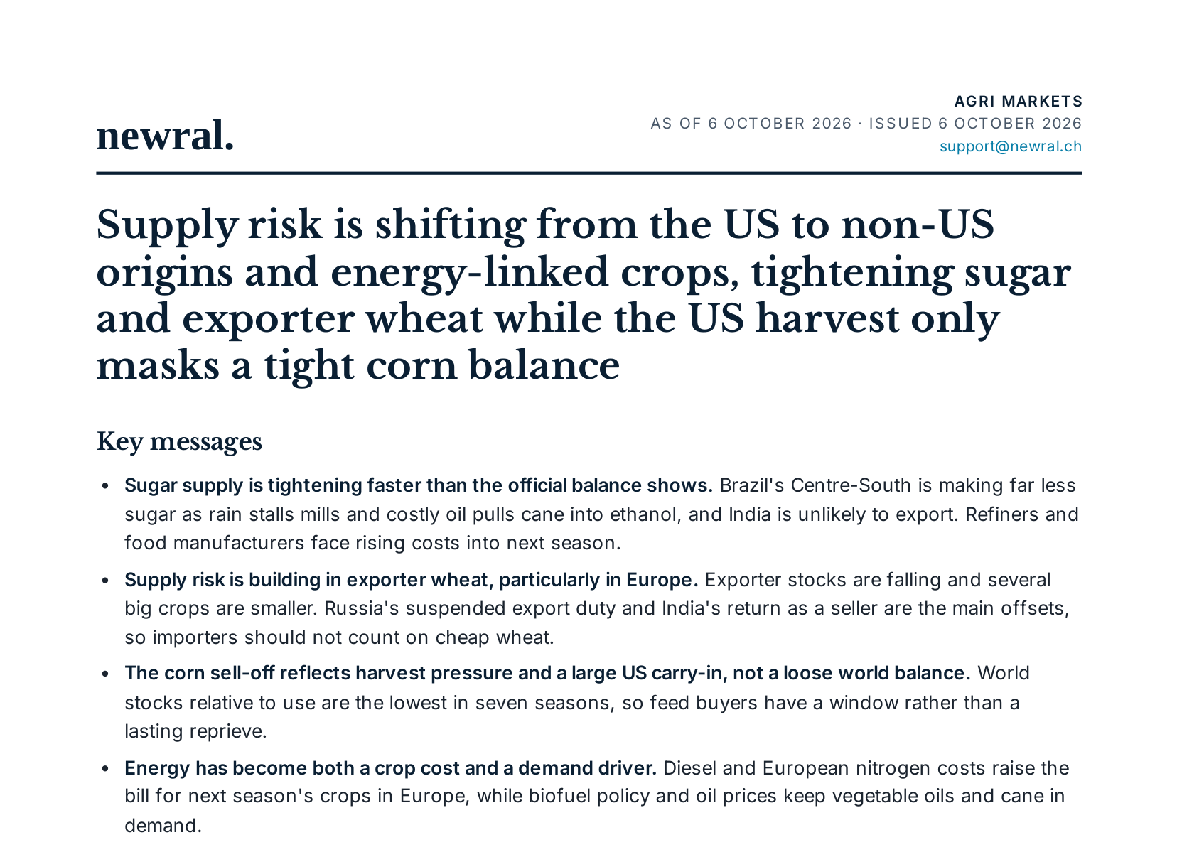 First page of a Newral agricultural market research note, October 2026